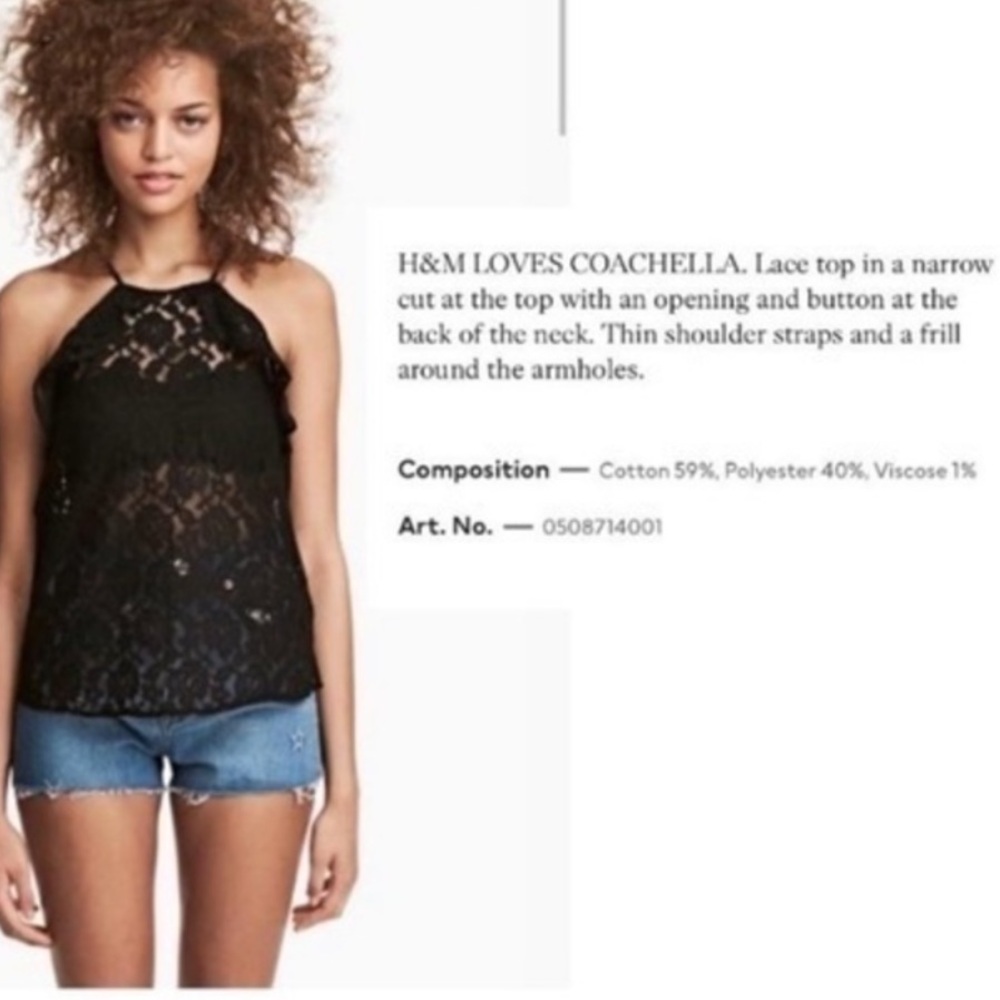 H&M Loves Coachella Collection Festival Lace Ruffled Halter Blouse, Black, Sz 12